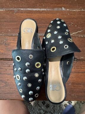 Gianni Bini Black Leather Stud & Grommet Mules